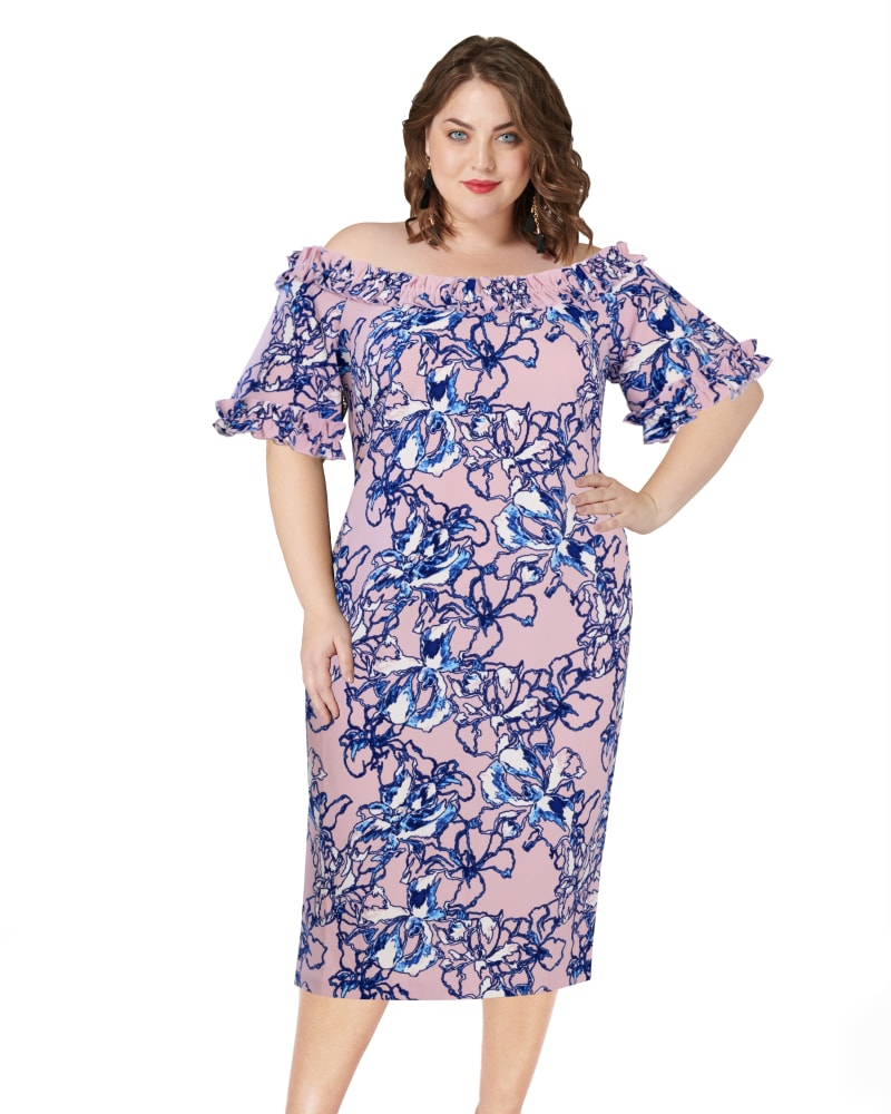 Front of a model wearing a plus size Off the Shoulder Ruffle Dress in Lilac in Lilac by Marée Pour Toi. | dia_product_style_image_id:290517